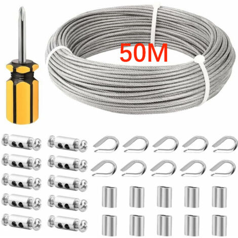 Câble en acier inoxydable gainé de 50 m/3 mm avec serre-câbles et embouts M3, fil de 3 mm pour étendoir à linge