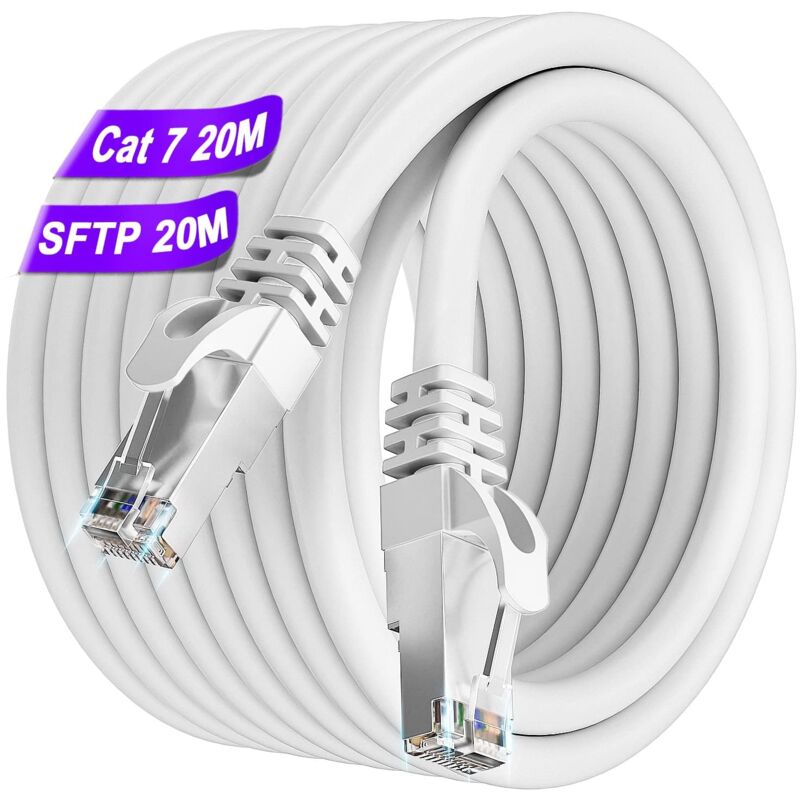 Rqiurpn - Cable Ethernet 20m, Cable RJ45 Cat 7 Blindé Haute Vitesse 10Gbit/s 600MHz s/ftp Cable Reseau Blanc Gigabit Extérieur Imperméable Cable lan