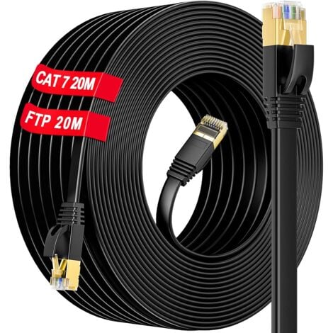 RQIURPN Cable Ethernet 20m Blindé, Cat 7 RJ45 Cable 20m Plat Câble Réseau Haut Debit Fiber, Câble LAN Internet Gigabit 10Gbps 600MHz S/FTP Ethernet Câble Compatible avec Routeur Switch Modem PC Xbox