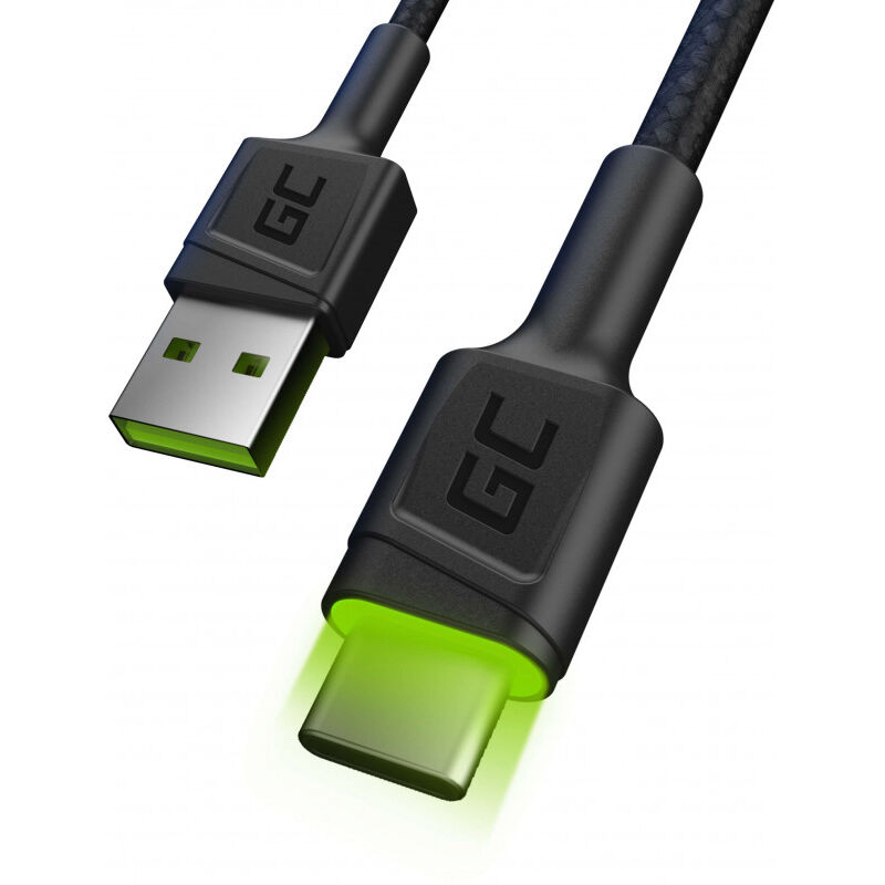Green Cell - Câble usb-a - usb-c Typ-C 1.2m avec rétro-éclairage led Chargeur Cable noir compatible pour Samsung Galaxy S23 S22 S21 S20 Ultra S10 S9