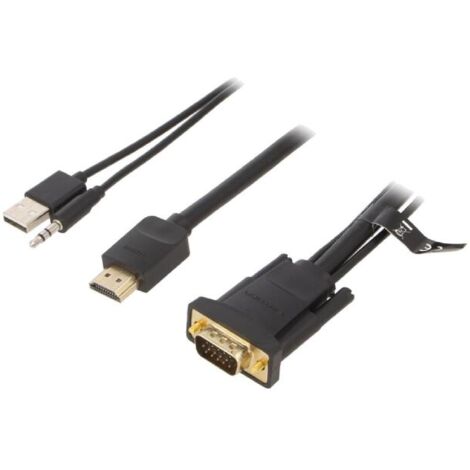 Cable HDMI 1.4 prise male D-Sub 15pin male Jack 3.5mm prise male USB A prise male 1m - Noir