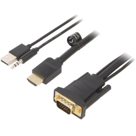 Cable HDMI 1.4 prise male D-Sub 15pin male Jack 3.5mm prise male USB A prise male 2m - Noir