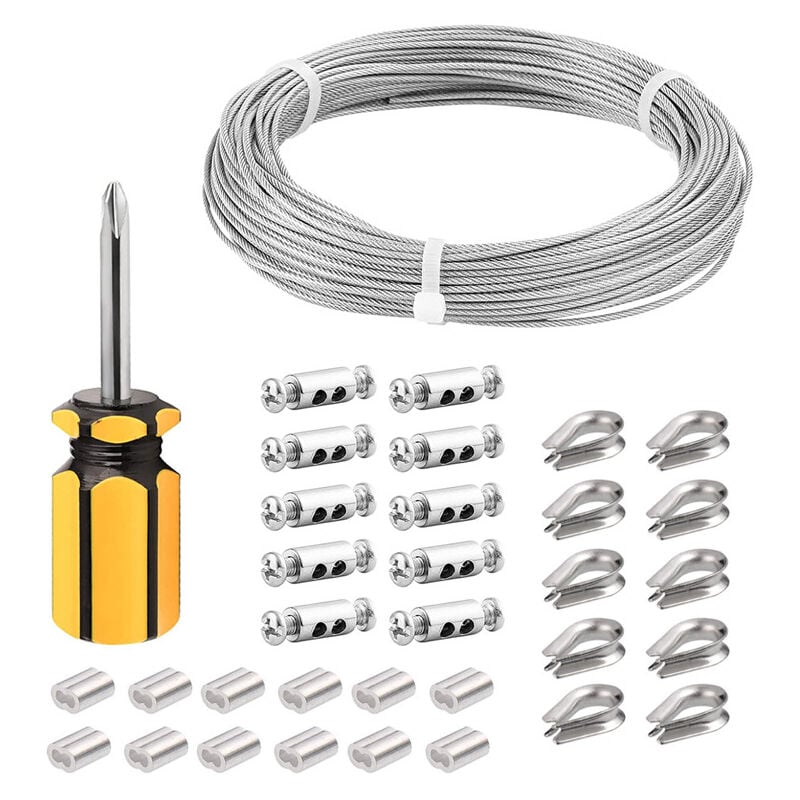 Cable Inox 2mm,50M/2mm Corde en Acier Inoxydable,Cable en Acier Revêtu avec Serre-Câbles,M3 Manchons,Cosses en Acier Inoxydable,2mm Cable Mtallique