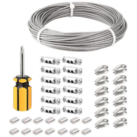 Câble Inox 3mm 50M Kit DIY complet avec PVC Revêtu, Manchons Aluminium et Cosses Acier Inoxydable 304 pour Treillis, Garde-corps, Éclairage Extérieur