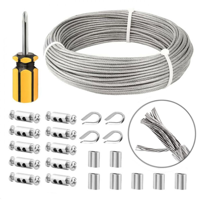 Cable Inox 3mm,50M/3mm Corde en Acier Inoxydable,Cable en Acier Revêtu avec Serre-Cables,M3 Manchons,Cosses en Acier Inoxydable,3mm Cable Mtallique