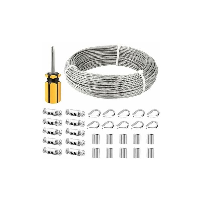 Cable Inox 3mm,50M/3mm Corde en Acier Inoxydable,Cable en Acier Revêtu avec Serre-Câbles,M3 Manchons,Cosses en Acier Inoxydable,3mm Cable Métallique