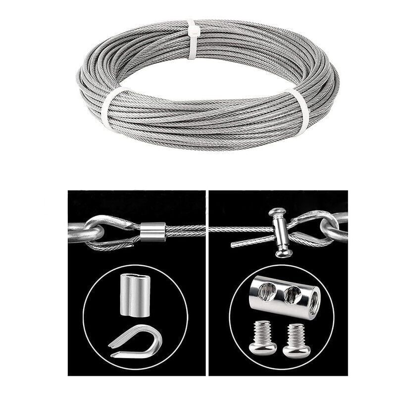 Cable Inox 3mm,50M/3mm Corde en Acier Inoxydable,Cable en Acier Revêtu avec Serre-Câbles,M3 Manchons,Cosses en Acier Inoxydable,3mm Cable Métallique