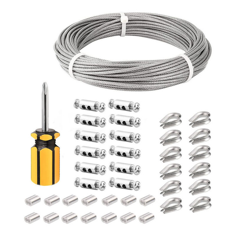 Cable Inox 3mm,50M/3mm Corde en Acier Inoxydable,Cable en Acier Revêtu avec Serre-Câbles,M3 Manchons,Cosses en Acier Inoxydable,3mm Cable Métallique