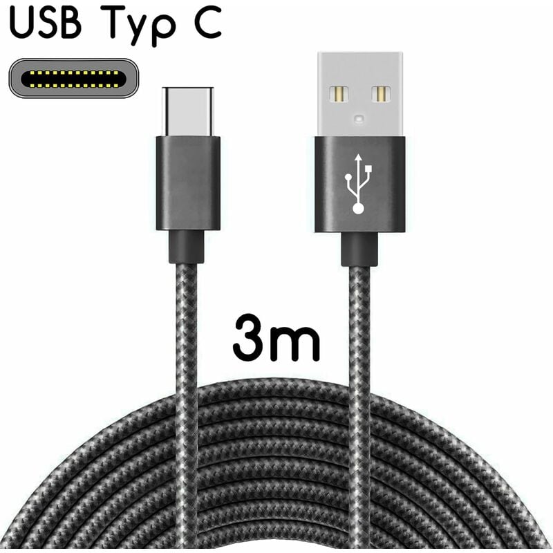 

Cable USB-C a USB 2.0 | Cable de carga de nailon con conector USB tipo C / 3 m | De color negro