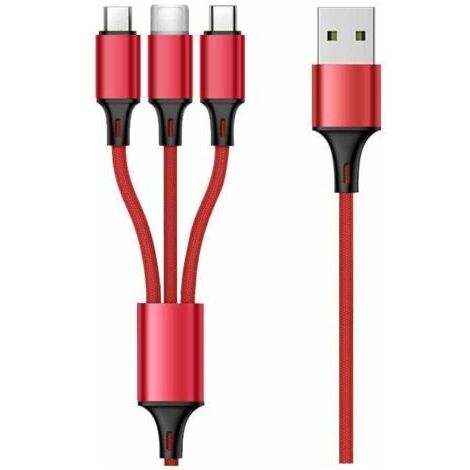 Câble Multi USB, 3 en 1 Multi Chargeur USB Câble en Nylon Tressé Charge Rapide - 1.2M, rouge