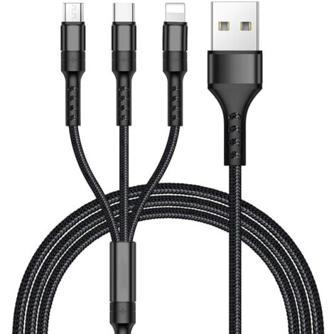Câble multi USB 3 en 1 nylon tressé – Connecteurs Micro USB et Type C – Charge simultanée jusqu'à 5V/2A – Longueur 1.2m (Noir)
