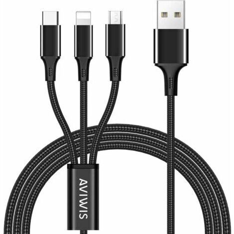 Câble Multi USB,3 en 1 Multi Chargeur USB Câble en Nylon Tressé avec Micro USB Type C Connecteurs pour Smartphones, Tablettes, OnePlus, LG, Kindle, PS4 et Plus - Noir 1.2m