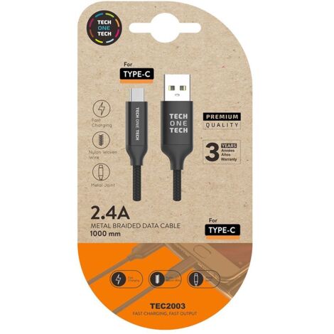 Cable negro nylon (usb-a a usb-c), 1m 2a tech one tech