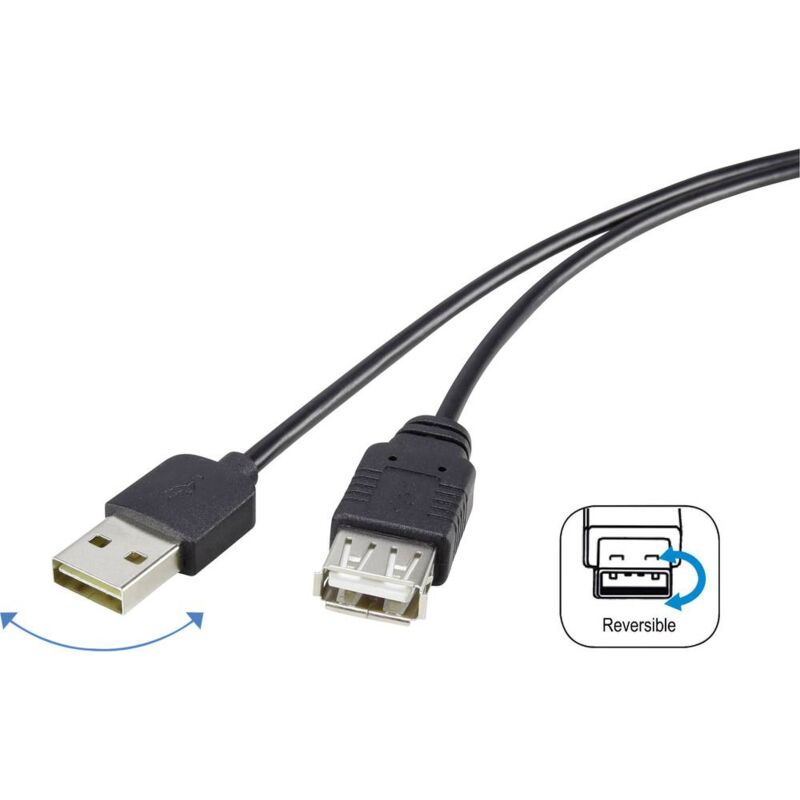 Renkforce Câble USB USB 2.0 USB-A mâle, USB-A femelle 1.80 m noir connecteur utilisable des deux cotés, contacts dorés - noir