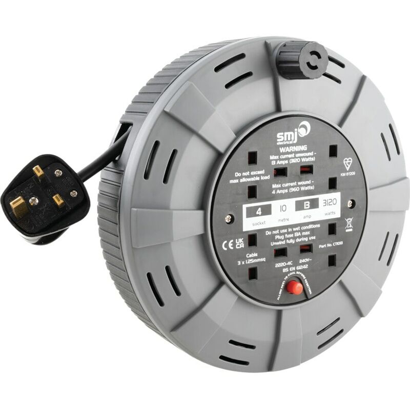 SMJ - Cable Reels, 4-Socket, 13A, Grey/Black, 10M, Thermal Cutout Protection