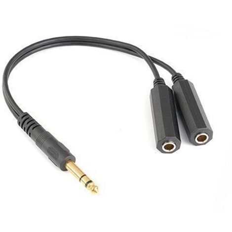 Câble répartiteur plaqué or 6,5 mm mâle vers 6,35 mm femelle avec deux connecteurs mâles et deux femelles, conducteurs en cuivre étamé et grande sortie audio à trois conducteurs.