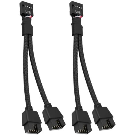 Câble répartiteur USB, lot de 2 câbles d'extension USB 2.0 femelle 9 broches vers double mâle 9 broches, câble répartiteur USB 2.0 9 broches pour carte mère, gaine tressée en nylon.
