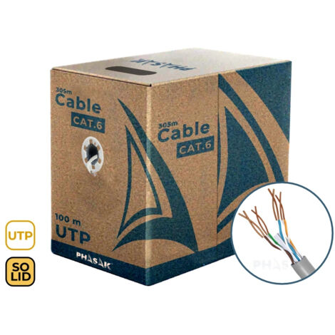 Câble réseau UTP Cat6 100 m AWG23 solide – Conducteurs en aluminium cuivre (CCA) – Débit jusqu'à 1 Gbps – Blindage U/UTP – Phasak