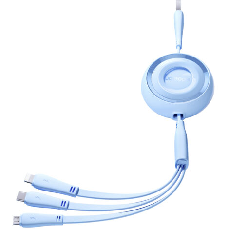 Cable retráctil 3 en 1 USB-A a USB-C / iPhone Lightning / microUSB de 1 m, color azul