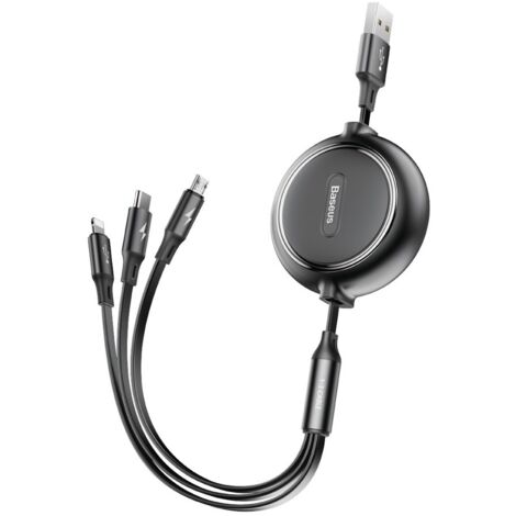 Cable retráctil 3 en 1 USB MicroUSB Iphone Lightning USB-C 3.5A 35cm 120cm Negro