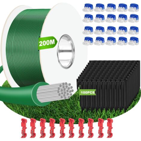 Cable Robot Tondeuse 200M + 100 Piquets 20 Connecteurs de Câble 10 Bornes Connexion, Fil pour Tondeuse, Robots Tondeuses Compatible avec Gardena/Bosch/Worx/Yard Force etc -