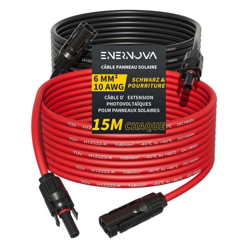 Enernova - Câble Solaire 4mm²/6mm², Câble Panneau Solaire 1/2/3/5/10/15/20M, IP67 Rallonge de Câble Solaire, Câble d'extension de Câble Solaire avec