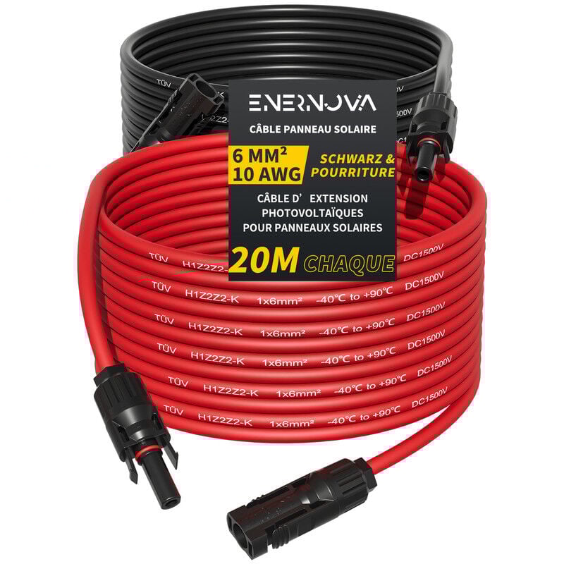 Enernova - Câble Solaire 4mm²/6mm², Câble Panneau Solaire 1/2/3/5/10/15/20M, IP67 Rallonge de Câble Solaire, Câble d'extension de Câble Solaire avec