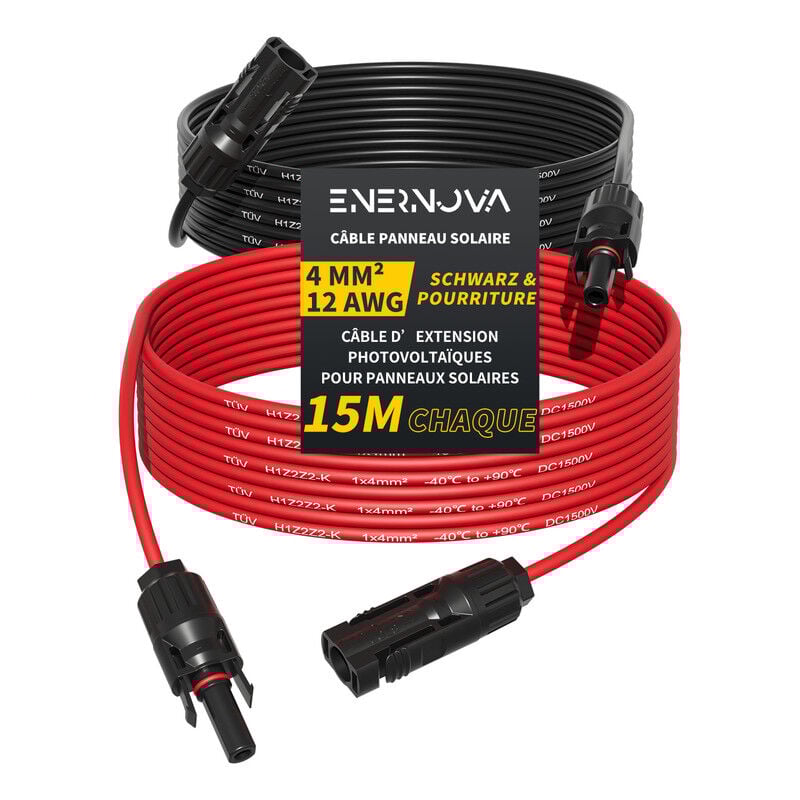 Enernova - Câble Solaire 4mm²/6mm², Câble Panneau Solaire 1/2/3/5/10/15/20M, IP67 Rallonge de Câble Solaire, Câble d'extension de Câble Solaire avec
