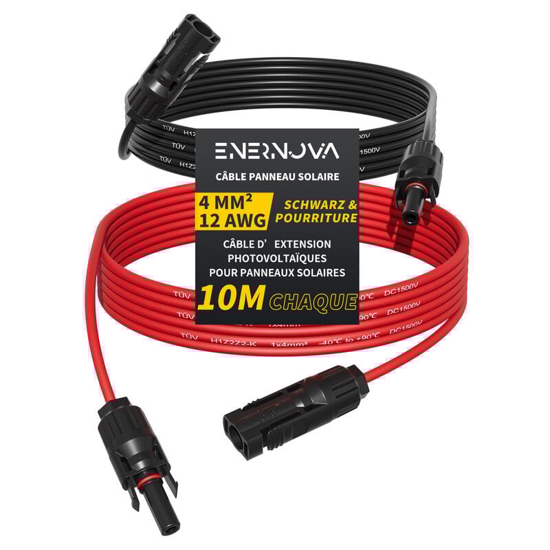 Enernova - Câble Solaire 4mm²/6mm², Câble Panneau Solaire 1/2/3/5/10/15/20M, IP67 Rallonge de Câble Solaire, Câble d'extension de Câble Solaire avec