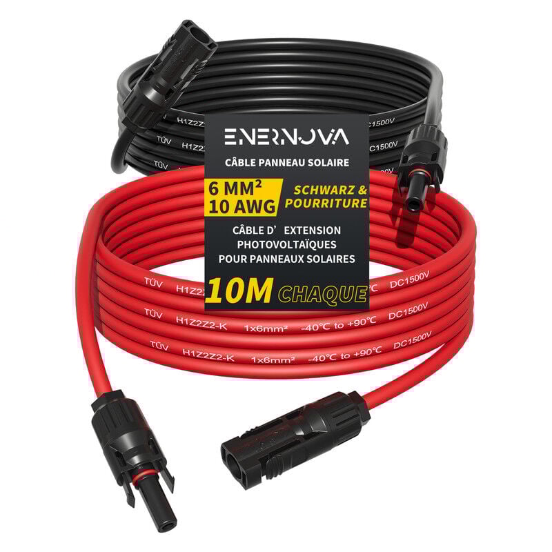 Enernova - Câble Solaire 4mm²/6mm², Câble Panneau Solaire 1/2/3/5/10/15/20M, IP67 Rallonge de Câble Solaire, Câble d'extension de Câble Solaire avec