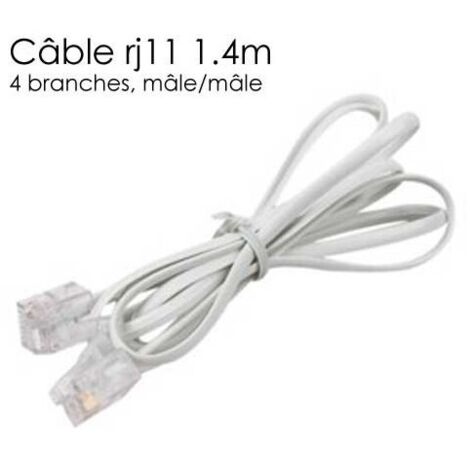 Câble téléphone RJ11 1,40 m mâle/mâle – Câble méplat 4 brins blanc – Connectique pour alarme et box internet – Jod1