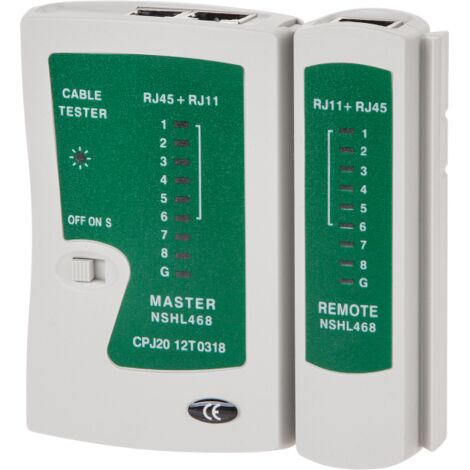 CABLE TESTER RJ45 / RJ11, alimentation: pile 9V, 10,5 x 10,3 x 3 cm, pour tester UTP, FTP, STP et les câbles téléphoniques RJ45,