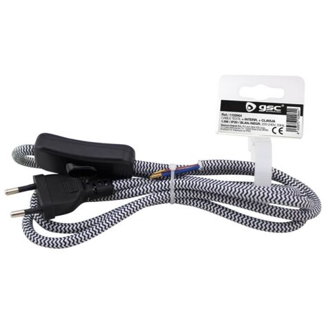 Cable textil 1.5M (2x0.75mm) clavija+int Blco/Negr