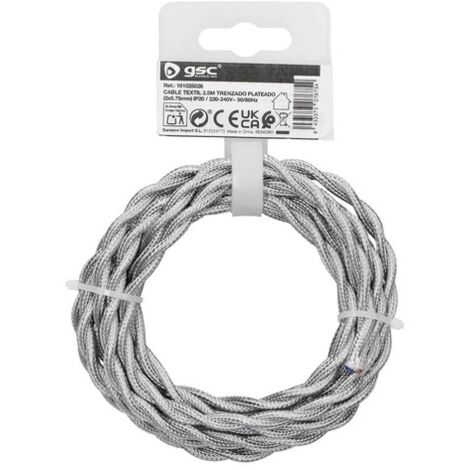 Cable textil 2,5M (2x0.75mm) trenzado Plateado