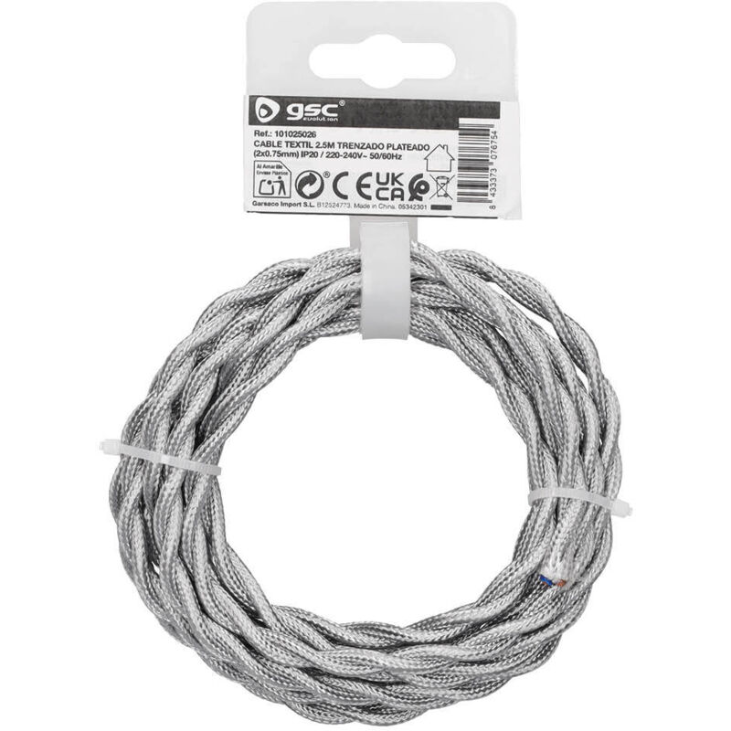 Câble textile 2,5M (2x0,75mm) tressé Argent