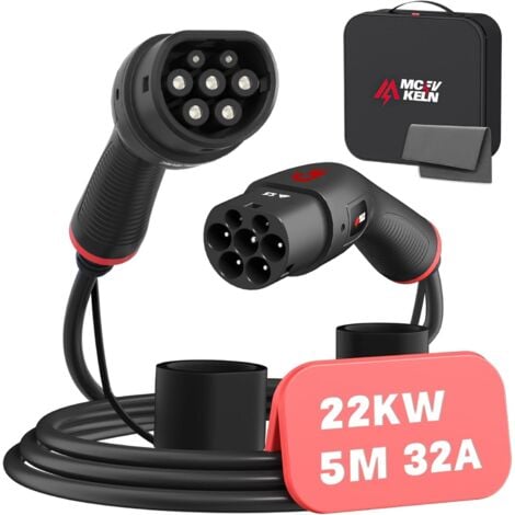 Câble Type 2 Câble de Recharge Voiture Électrique et Hybride 22kW Triphasé, 32A, 5 Mètre, Type 2 à Type 2 Câble EV Chargeur Compatible avec IEC 62196-2 Vehicule Electrique MCEVKELN