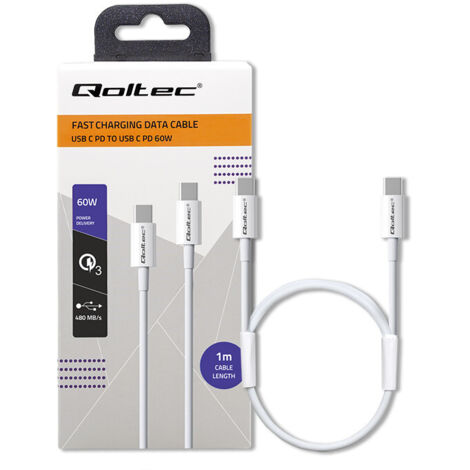 Cable USB 2.0 Tipo C Qoltec USB 2.0 Tipo C 60 W QC 3.0 PD 1 m Blanco