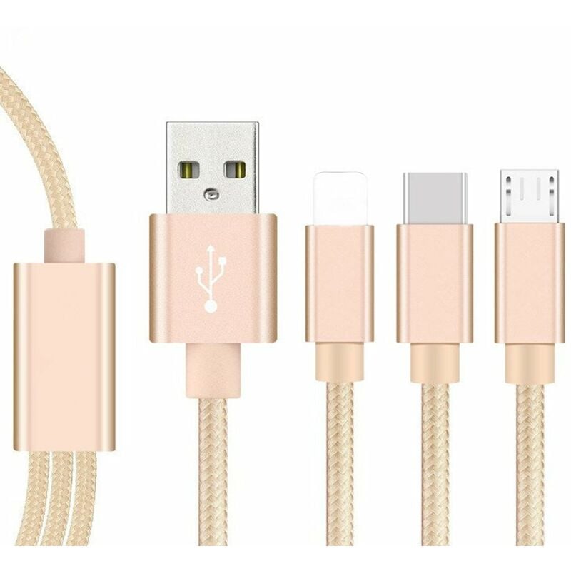

Cable USB 3 en 1 tipo C // Cable de carga micro USB Cable de carga de telefono celular trenzado de nailon de 4 pies,Oro, 1,5 Ms