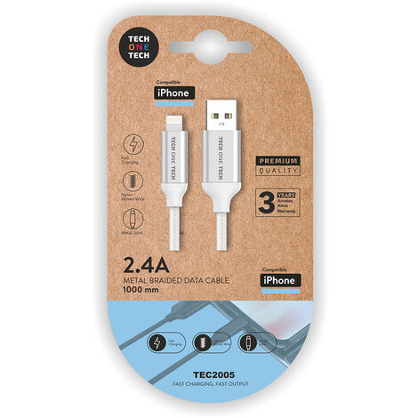 Câble USB-A vers Lightning en nylon blanc Apple 1 m 2A Tech One Tech