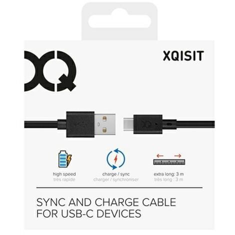 Câble USB-A vers USB-C Xqisit 3 m, charge rapide, noir