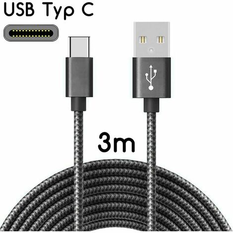 Câble USB-C vers USB 2.0 Câble de charge en nylon avec connecteur USB Type-C / 3 m Couleur noire