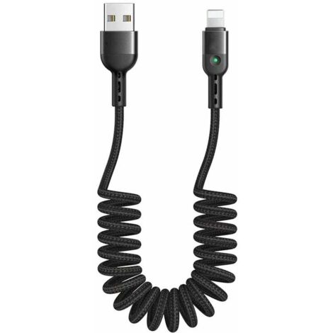 Cable USB en espiral, retráctil, para sincronización de datos y carga, para coche, extensible hasta 1,8 m, color negro.