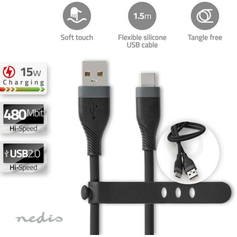 Cable usb usb 20 usb a male usb c male 15 w 480 mbps nickele 150 m rond silicone noir boite