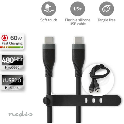 Cable usb usb 20 usb c male usb c male 60 w 480 mbps nickele 150 m rond silicone noir boite