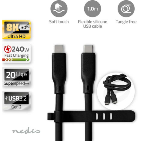 Cable usb usb 32 gen 2 usb c male usb c male 240 w 8k30hz 20 gbps nickele 100 m rond silicone noir emballe