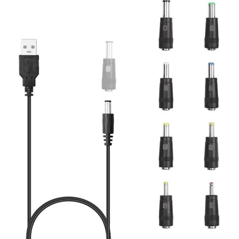 Câble USB vers DC, 5V DC 5.5 x 2.1mm Jack Plug Power Cable Universal Charger Plug with 8 DC Adapter Connectors for Router, Mini Fan, Speaker and More Devices