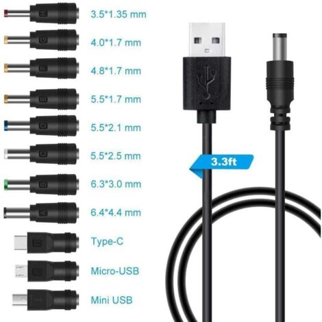 cable usb vers dc 5v,Câble USB vers DC d'alimentation,11-en-1 DC adaptateur alimentation 5.5 x 2.1mm DC Barrel Jack pour Ordinateur Portable, Routeur etc(1m, noir)