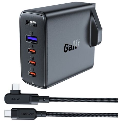 Cable y cargador rápido 2 en 1 GaN con enchufe británico, 100 W PD, 3 puertos USB-C, negro