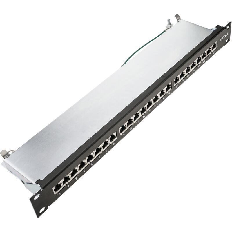 Rackmatic - Patch panel rack 24 RJ45 Cat.6A ftp 1U black with comb for cable management