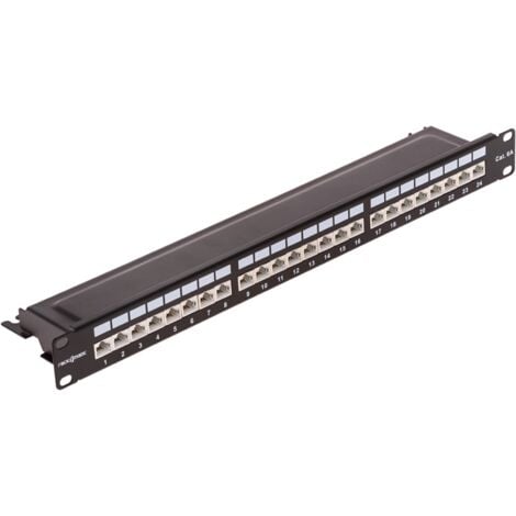 cablematic - Patch panel rack 24 RJ45 Cat.6A FTP 1U negro con peine para gestión de cables